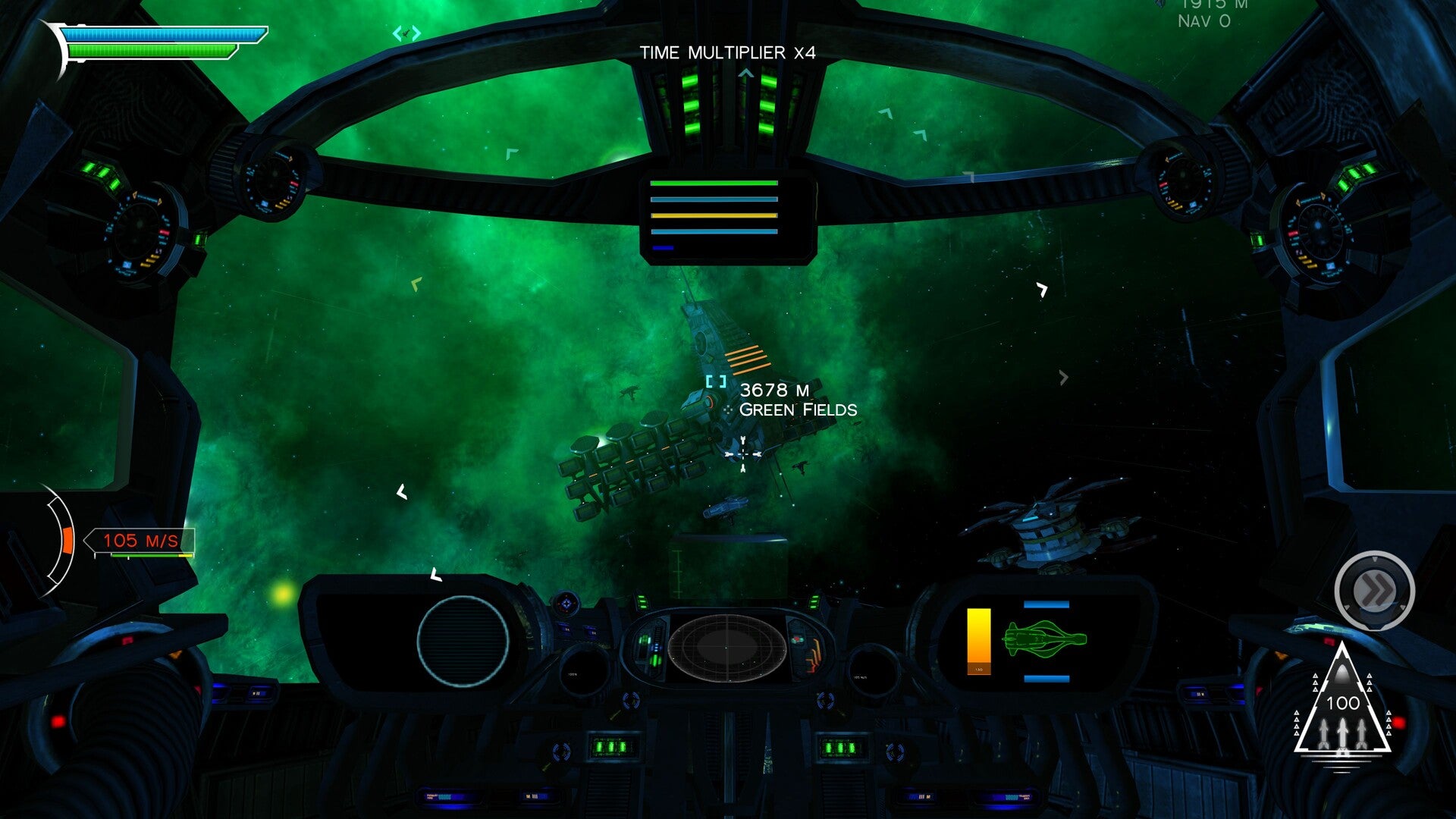 Game interface showing a cockpit view with green screen and various controls.
