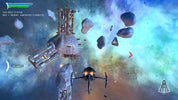 Space-themed video game scene with a spacecraft and rocky landscape.