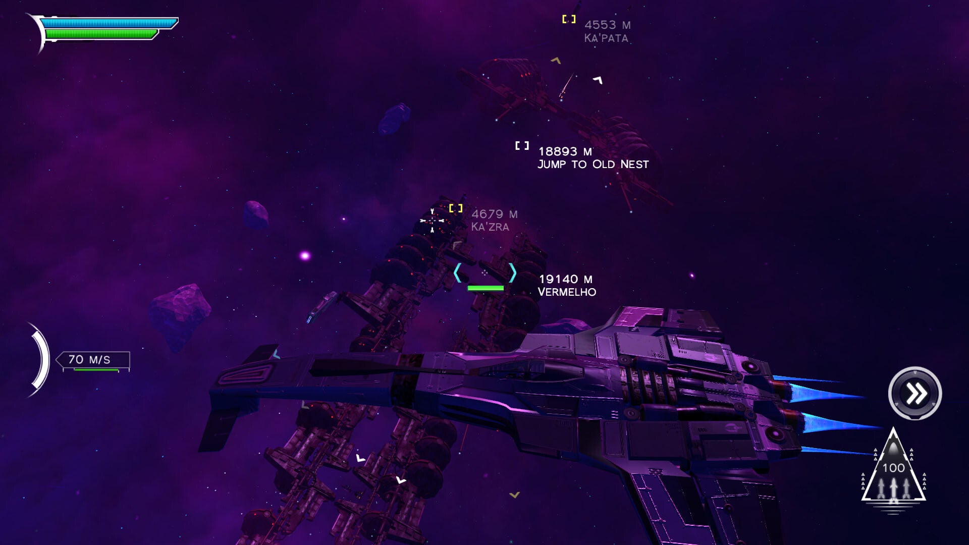 Space-themed game interface with spaceship and UI elements in a dark, starry space background.