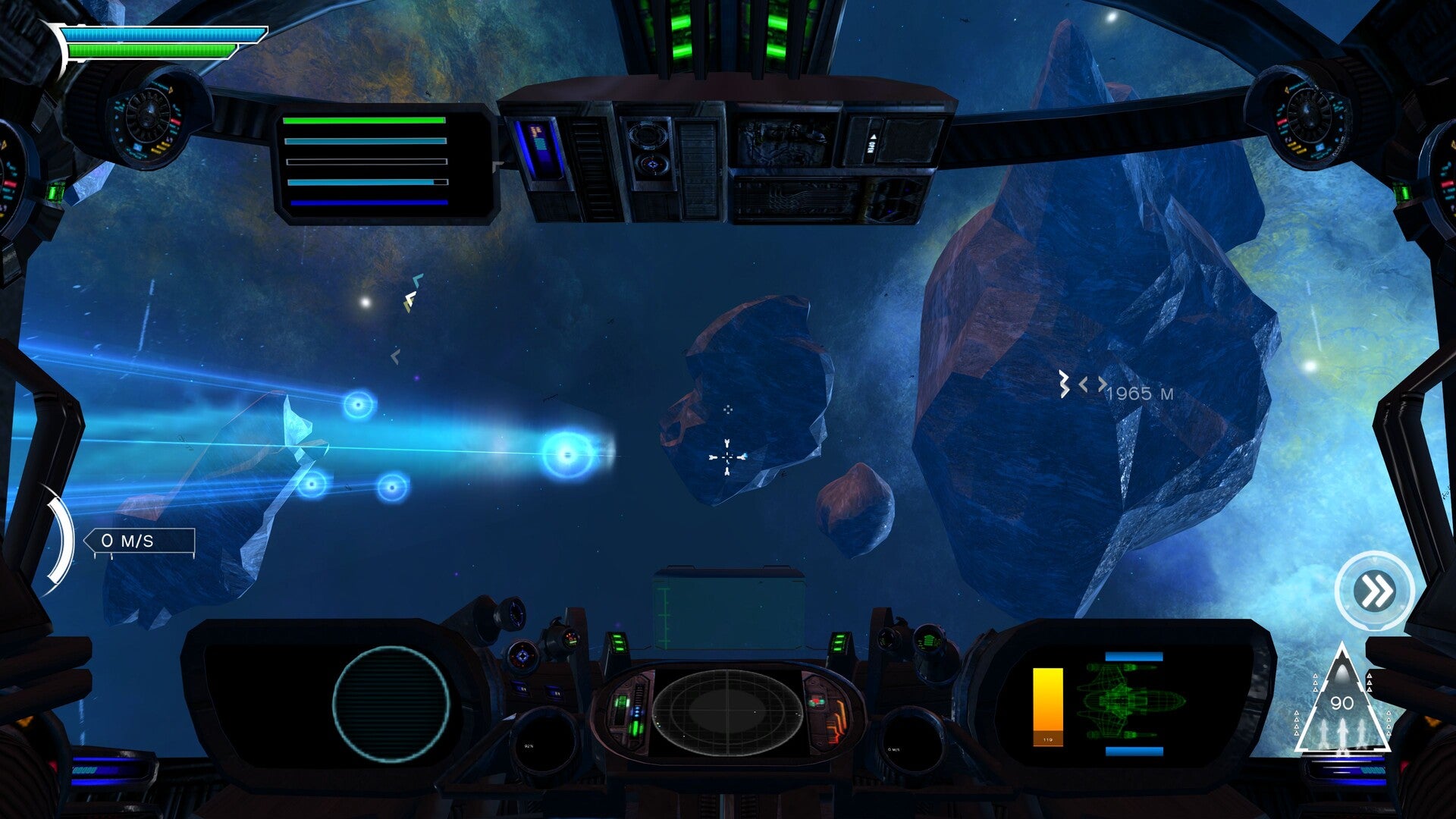 Space ship cockpit view with a planet and space scene in the background