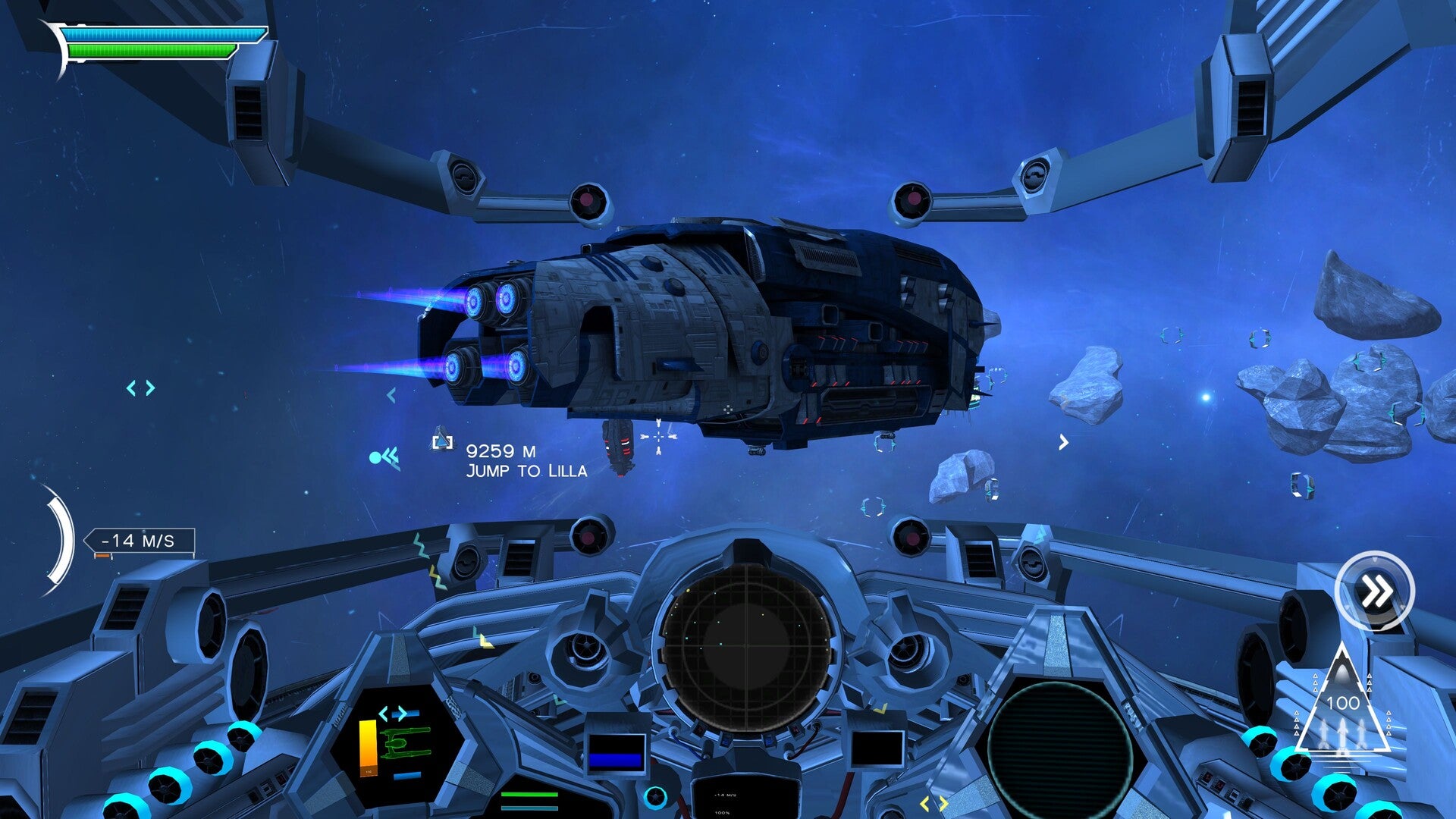 Space ship cockpit view in a space game with UI elements.