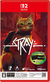 Nintendo Switch game case for the game 'Stray' featuring an orange tabby cat in a black hoodie on a red background, with Japanese text and publisher logos including Happinet and Appin.