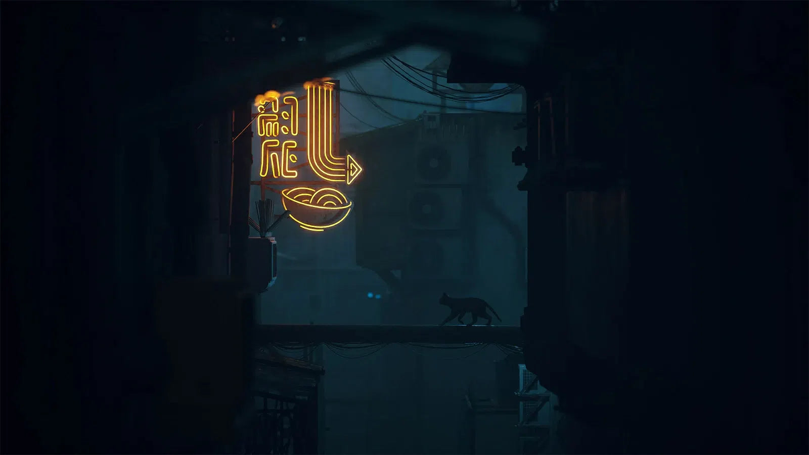 Neon sign with abstract design in a dark setting