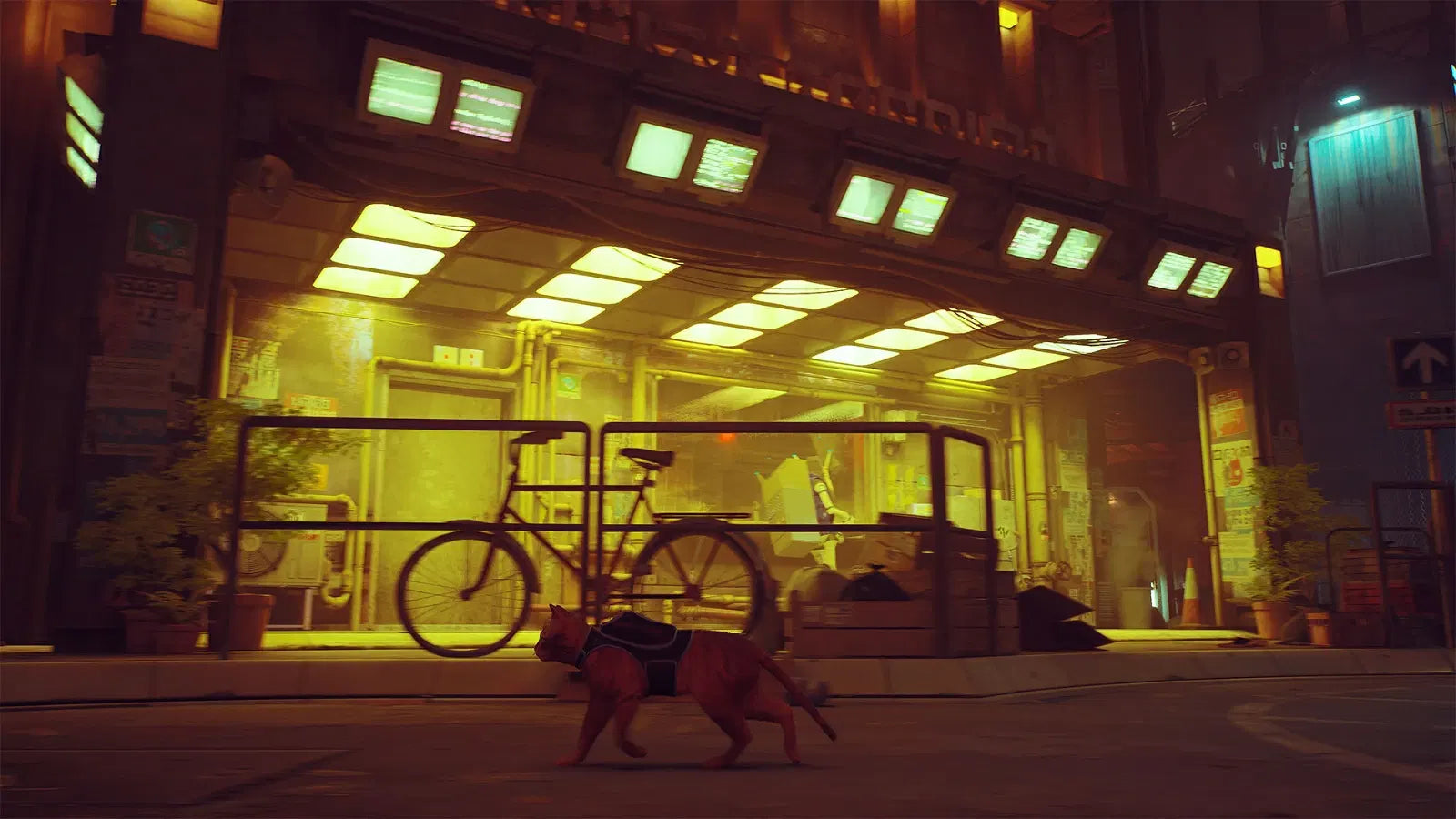 A cinematic night scene of a cyberpunk city storefront with glowing yellow lights, a bicycle parked under the awning, and a dog in the foreground.