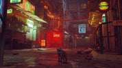 Neon-lit street scene with a dog standing in the foreground, surrounded by various signs and buildings.