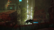A dark, atmospheric urban alley at night with industrial buildings, glowing signs, and a cat-like animal standing on a rooftop overlooking the scene.