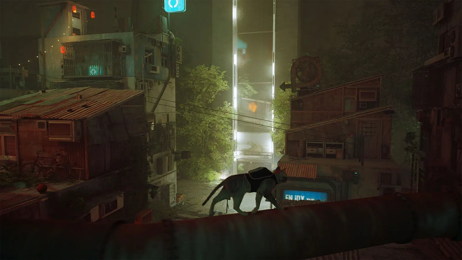 A dark, atmospheric urban alley at night with industrial buildings, glowing signs, and a cat-like animal standing on a rooftop overlooking the scene.