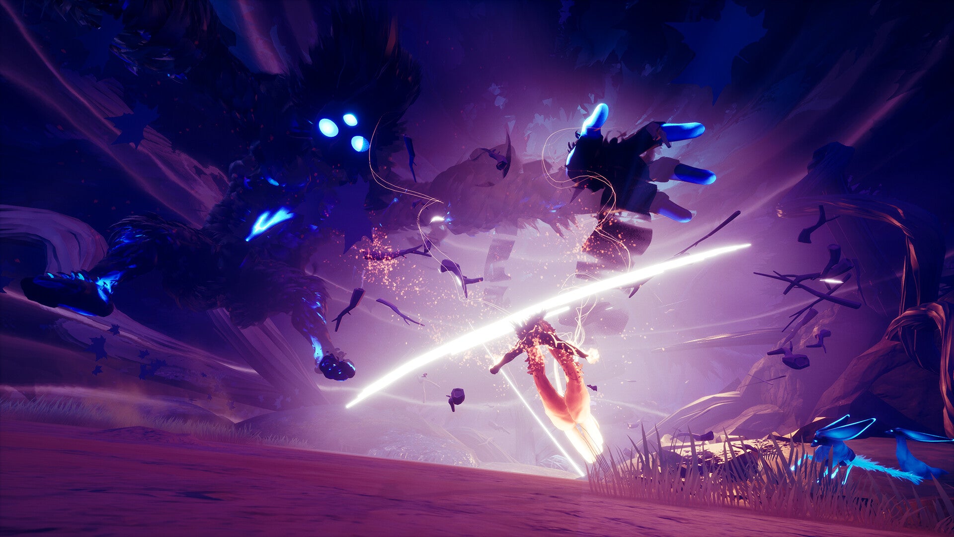 Fantasy battle scene with characters and creatures in a dark, otherworldly setting