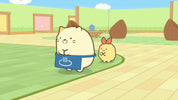 An anime-style scene showing two cartoon characters outdoors on a tiled patio. The larger cream-colored character in the foreground wears a blue towel with a white steam icon and holds a cup, while a smaller yellow character with a pink bow stands behind.