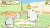 A screenshot from a cute cartoon game showing small rounded animal characters in a pastel classroom-like setting, with Japanese interface elements and a large white character in the foreground.