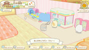 A screenshot from a cute pastel-colored video game or digital illustration showing cartoon animals in a toy room with Japanese interface elements and text banners.