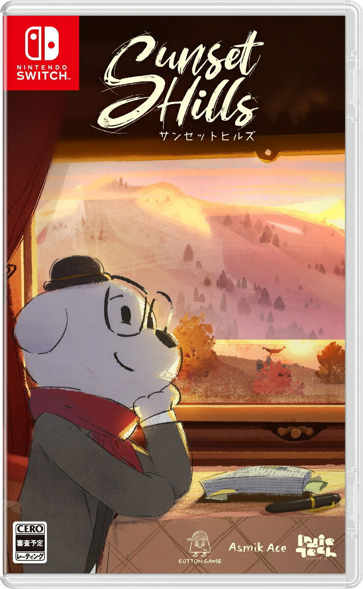 Nintendo Switch game case for 'Sunset Hills' featuring an illustrated character in a gray suit and red scarf looking out a window at a warm sunset landscape. Visible branding includes Nintendo Switch, Asmik Ace, and Cute Jack.