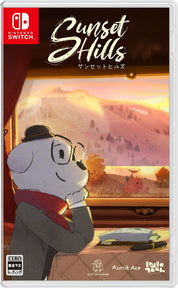 Nintendo Switch game case for 'Sunset Hills' featuring an illustrated character in a gray suit and red scarf looking out a window at a warm sunset landscape. Visible branding includes Nintendo Switch, Asmik Ace, and Cute Jack.