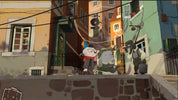 A stylized illustrated street scene with colorful buildings, hanging wires, and several cartoon-like characters standing on a stone wall in the foreground.