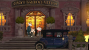 A stylized illustrated scene showing a vintage blue car parked in front of a grand building entrance at night, with three cartoon characters standing on the steps. The architecture and signage are rendered in a warm, painterly style.
