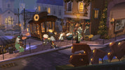 A stylized nighttime street scene with a small trolleycar, lit buildings, hanging lanterns, and several small human figures in vintage clothing. The scene appears to be the artwork itself rather than a product placed in an environment, so this fits Scenery.
