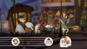A stylized illustrated scene of anthropomorphic dogs performing on a street stage in front of a cab, with a music staff and circular character portraits along the bottom.