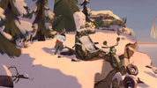 A stylized winter scene showing a snowmobile and a small vehicle on a snowy mountainside with pine trees, rocks, and a pale blue sky.