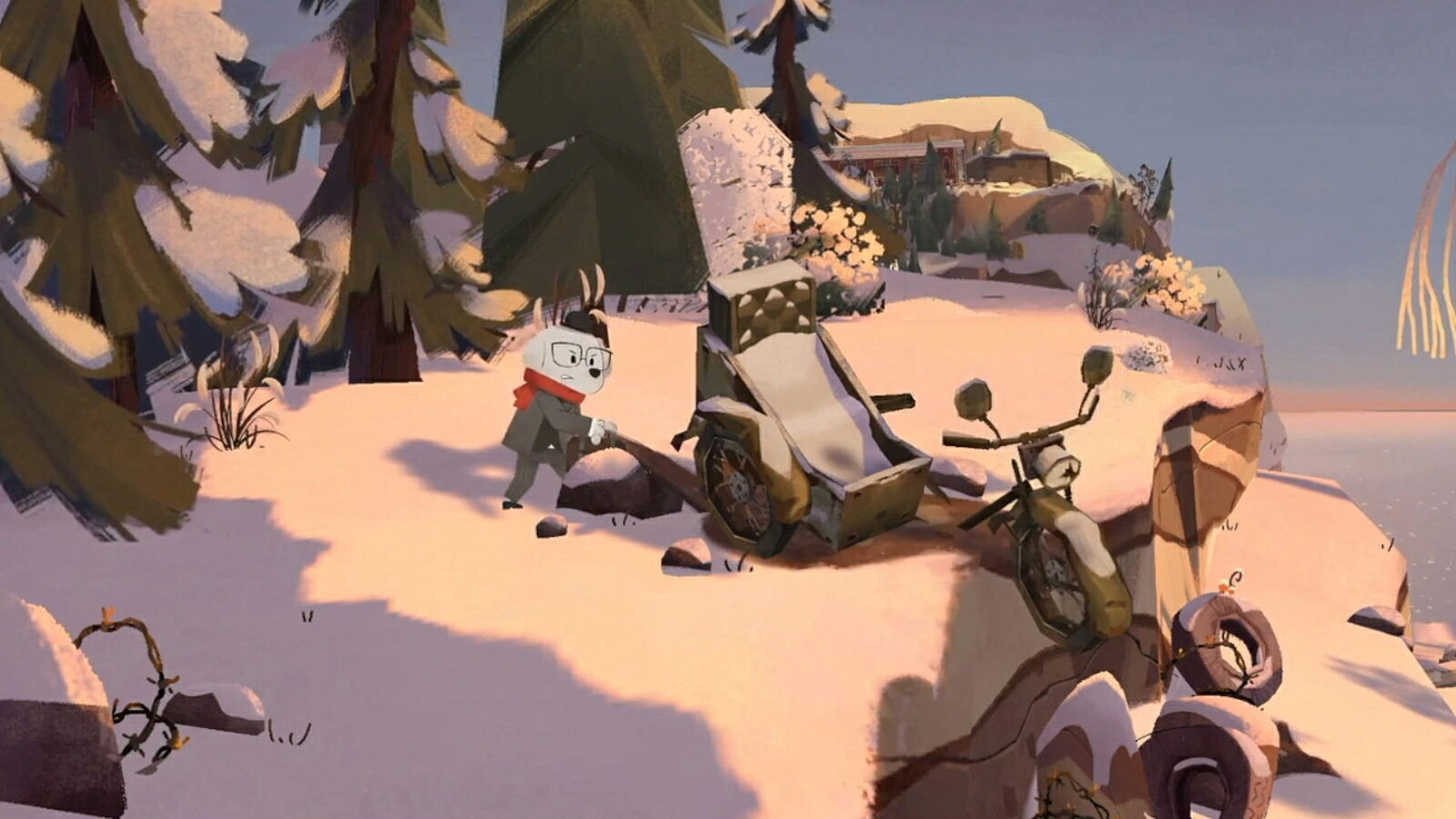 A stylized winter scene showing a snowmobile and a small vehicle on a snowy mountainside with pine trees, rocks, and a pale blue sky.