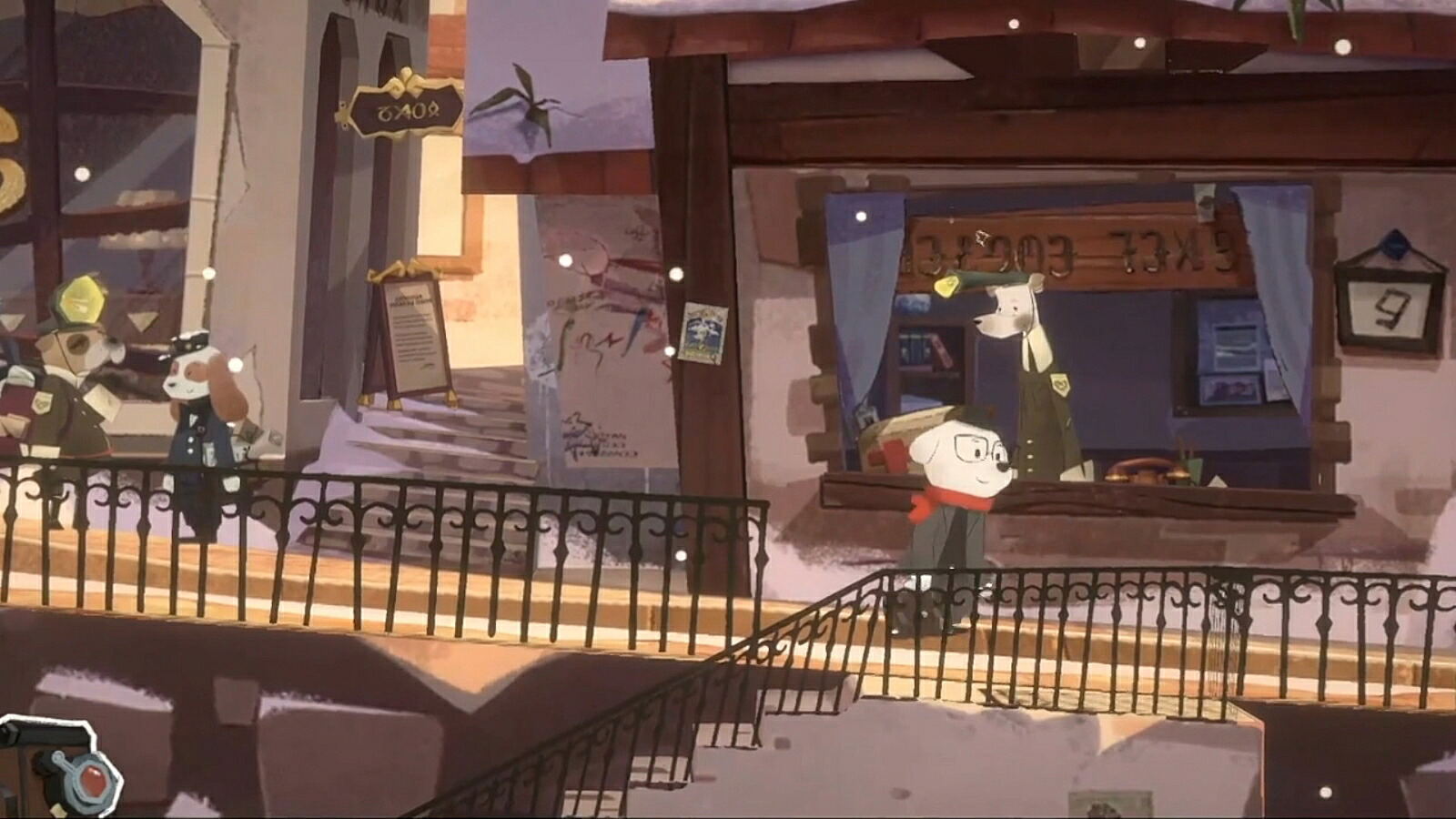 A stylized illustrated scene of a character standing at a shop window on a balcony, with other characters and buildings visible in a snowy village setting.