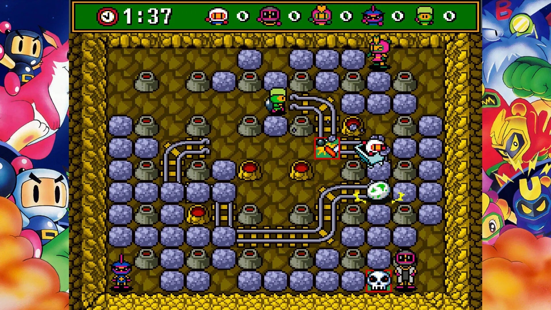 Screenshot of a classic platformer game with characters and power-ups.