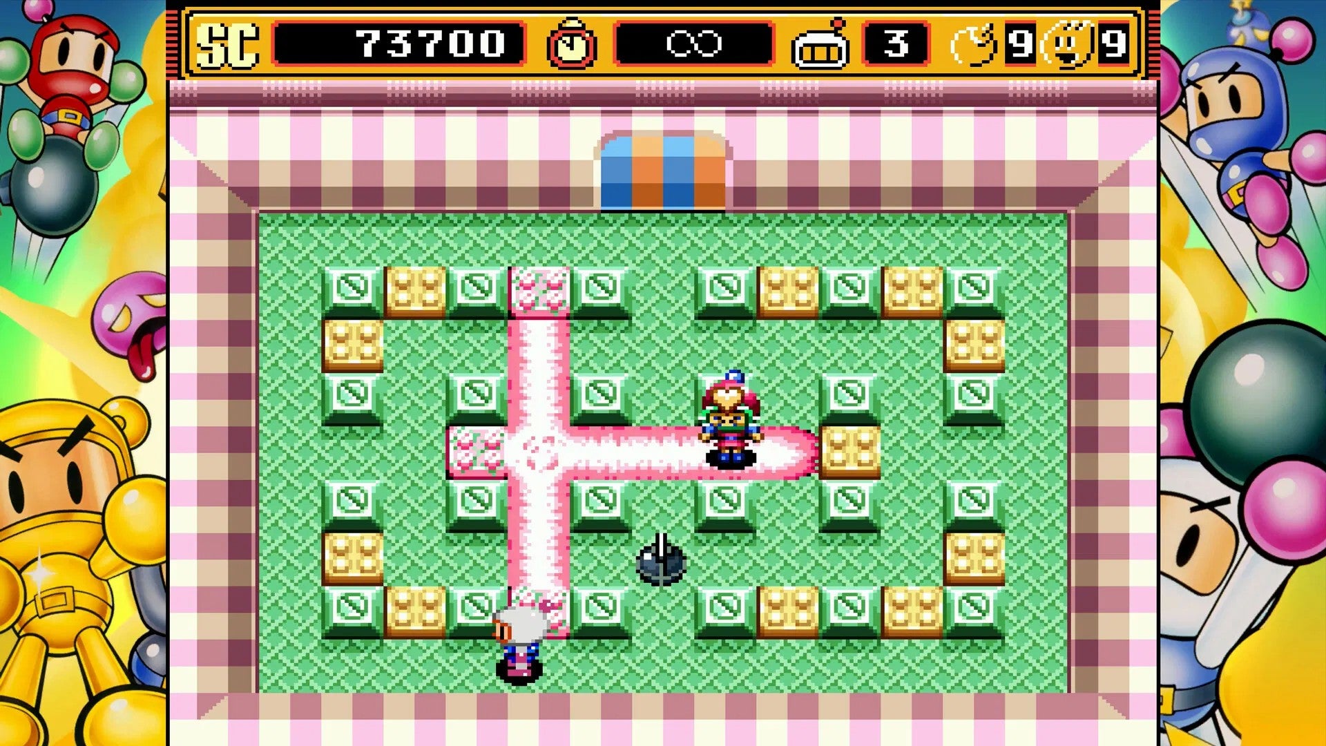 Screenshot of a colorful platformer game with characters and power-ups on a checkered background.