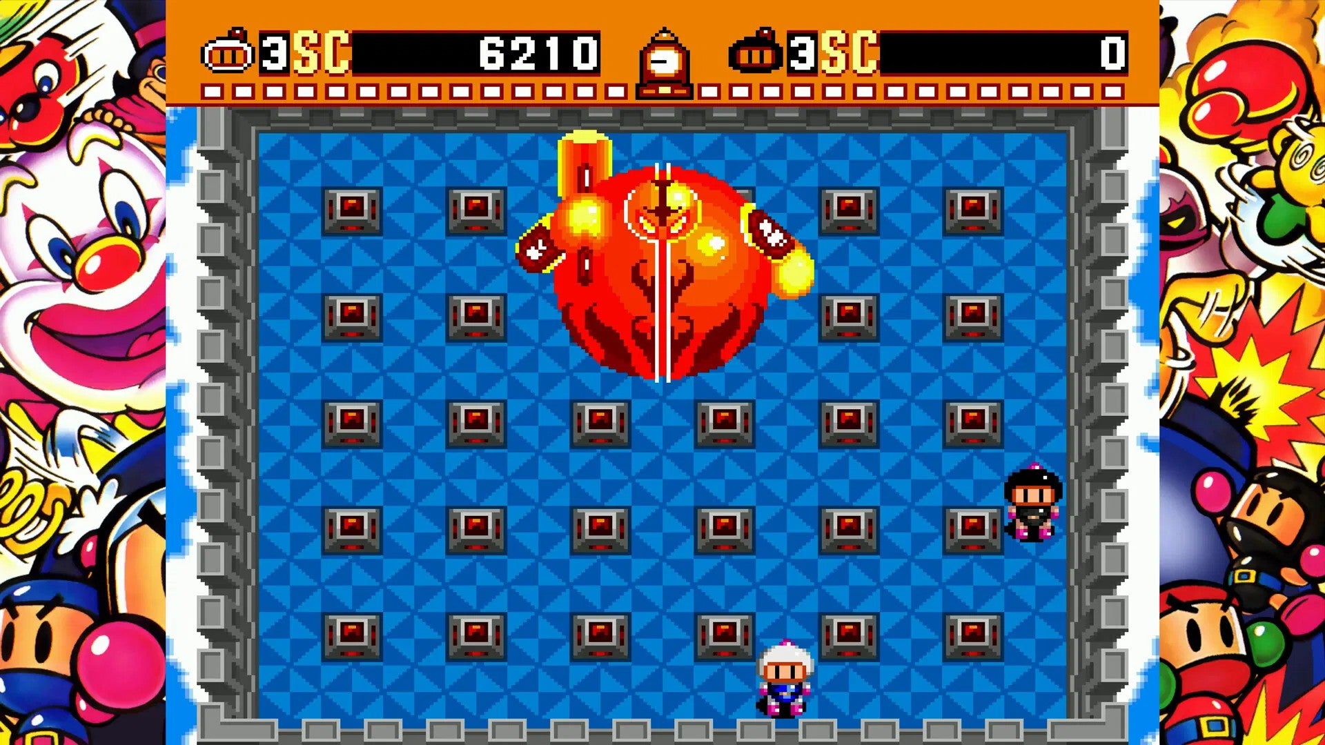 Screenshot of a classic arcade game with colorful graphics and a blue grid background.
