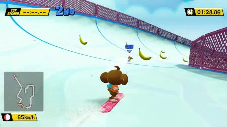 A 3D video game screenshot showing a cartoon character riding a pink snowboard down a snowy track with banana graphics, speedometer, lap timer, and track map.