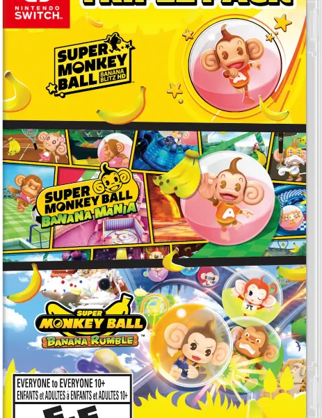 Nintendo Switch game case for Super Monkey Ball: Banana Kumble Triple Pack, featuring bright yellow packaging with colorful character art and logos for Nintendo Switch, SEGA, and ESRB.