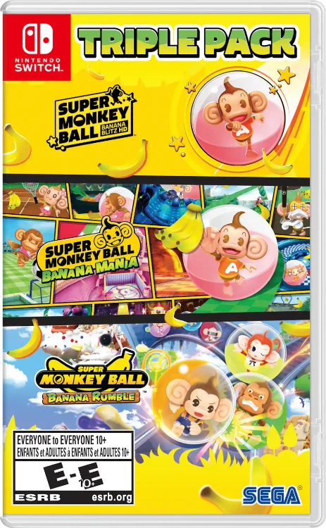 Nintendo Switch game case for Super Monkey Ball: Banana Kumble Triple Pack, featuring bright yellow packaging with colorful character art and logos for Nintendo Switch, SEGA, and ESRB.