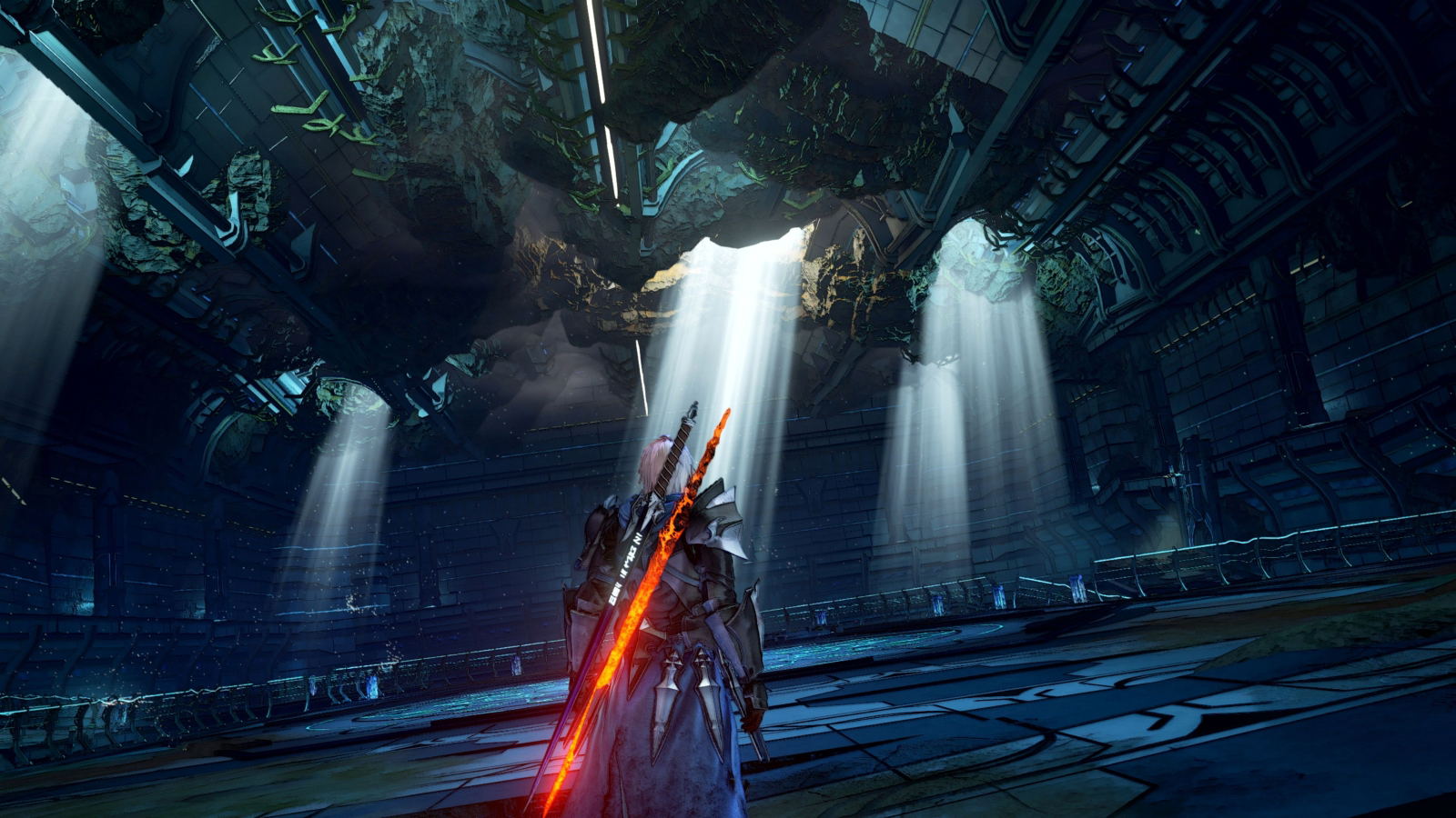 Character with a glowing weapon in a dark, industrial setting
