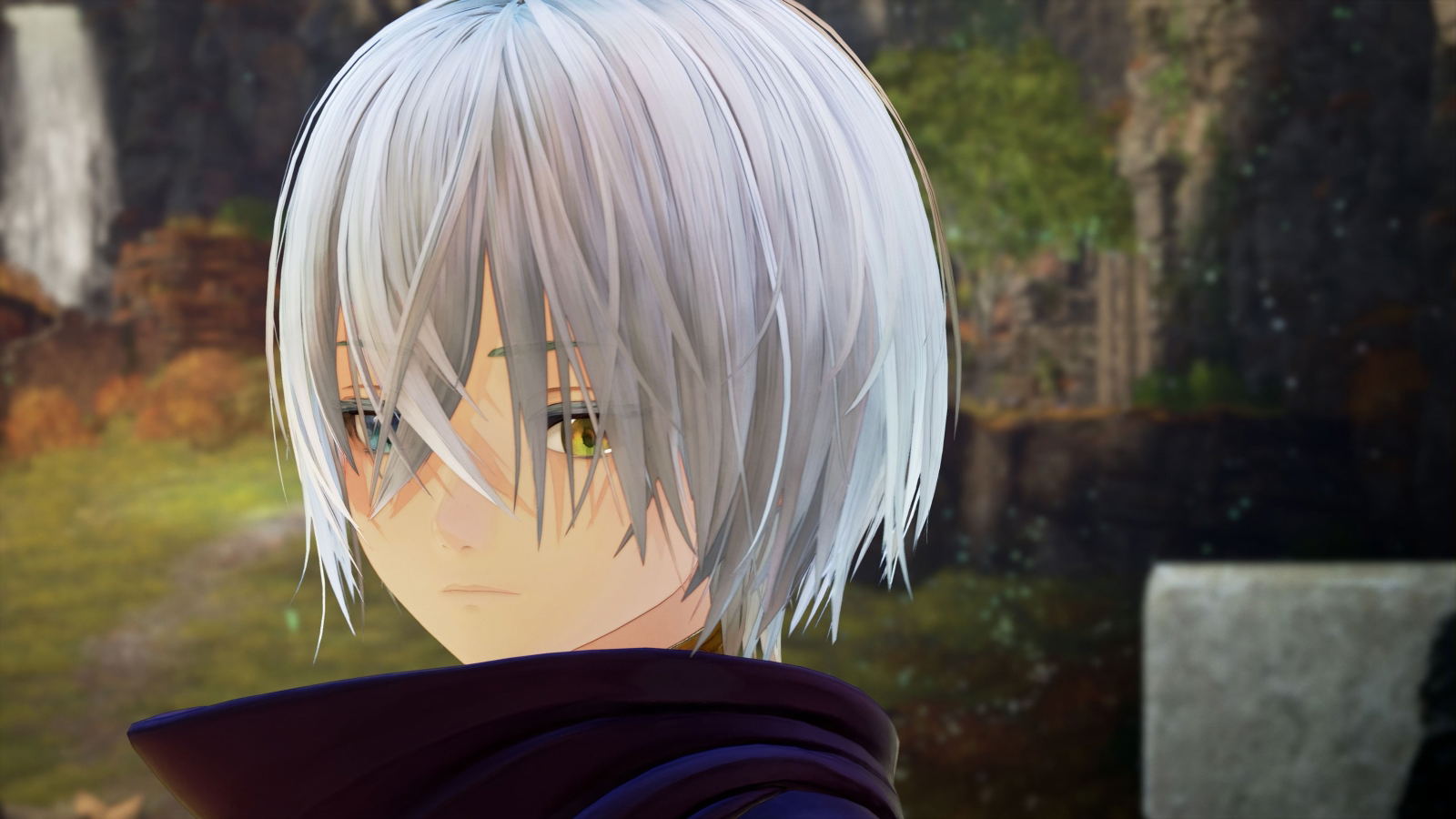 Character with white hair and a dark outfit in an outdoor setting