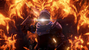 Character in futuristic armor with a glowing weapon amidst fiery background