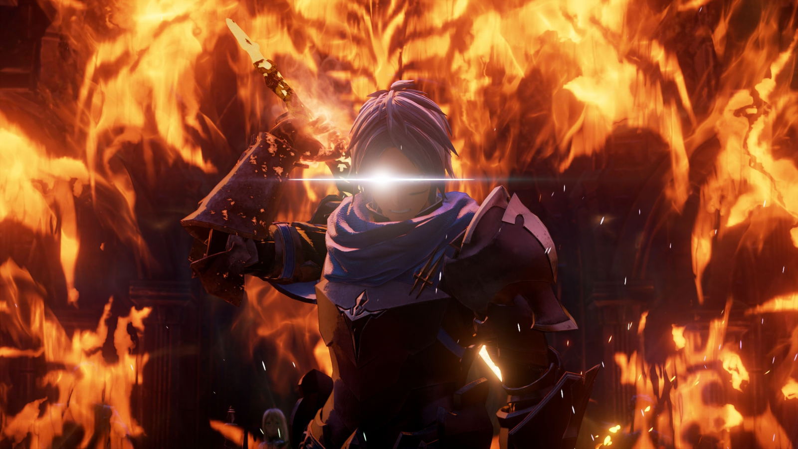Character in futuristic armor with a glowing weapon amidst fiery background
