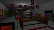 Darkly lit store interior with shelves and products