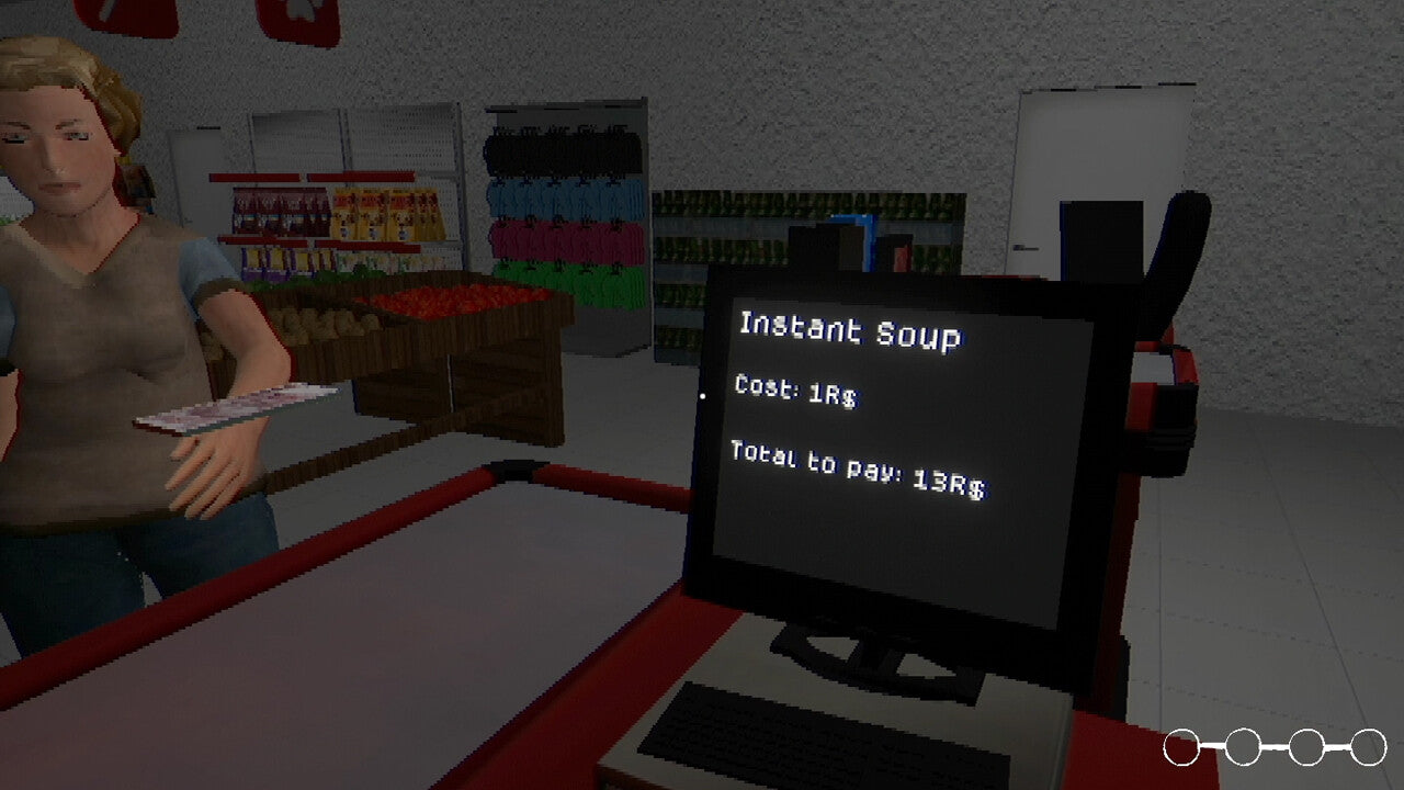 Simulated grocery store checkout with 'Instant Soup' item on a screen