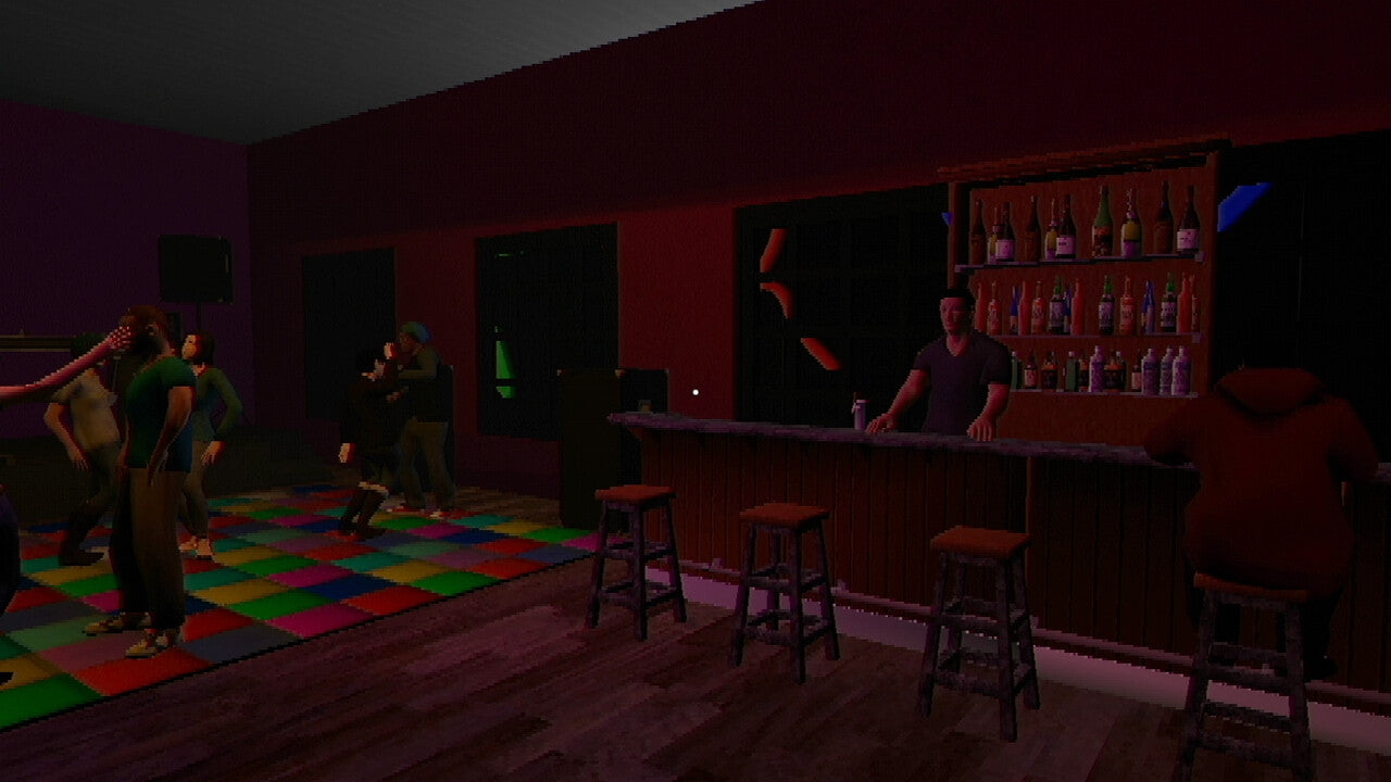 Bar interior with people dancing and a bartender behind the bar.