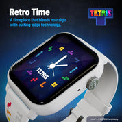 Smartwatch with Tetris-themed display on a blue background, featuring the Tetris logo.