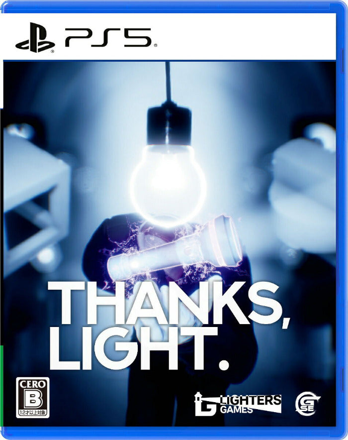 PS5 game cover for 'Thanks, Light.' featuring a dramatic blue-toned photo of a hand holding a glowing light bulb, with the PS5 logo at the top and publisher logos at the bottom.