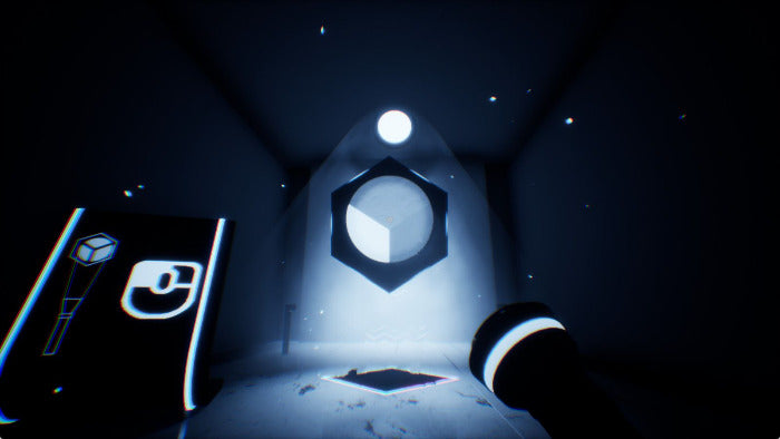 A dark, futuristic interior scene with a glowing white circular portal or window centered in a narrow corridor. A flashlight is visible in the lower right foreground, and a black rectangular panel with glowing white symbols appears on the left.