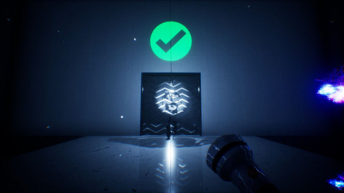 A dark, atmospheric scene showing a glowing green checkmark above a black rectangular panel with a white geometric symbol. A flashlight is visible in the lower right foreground, and blue-purple light effects appear at the edges of the room.