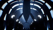 A dark, futuristic tunnel with arched windows and glowing blue light, featuring a large whale silhouette suspended overhead and bright circular lights along the sides.