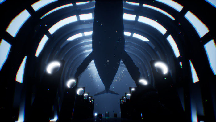 A dark, futuristic tunnel with arched windows and glowing blue light, featuring a large whale silhouette suspended overhead and bright circular lights along the sides.