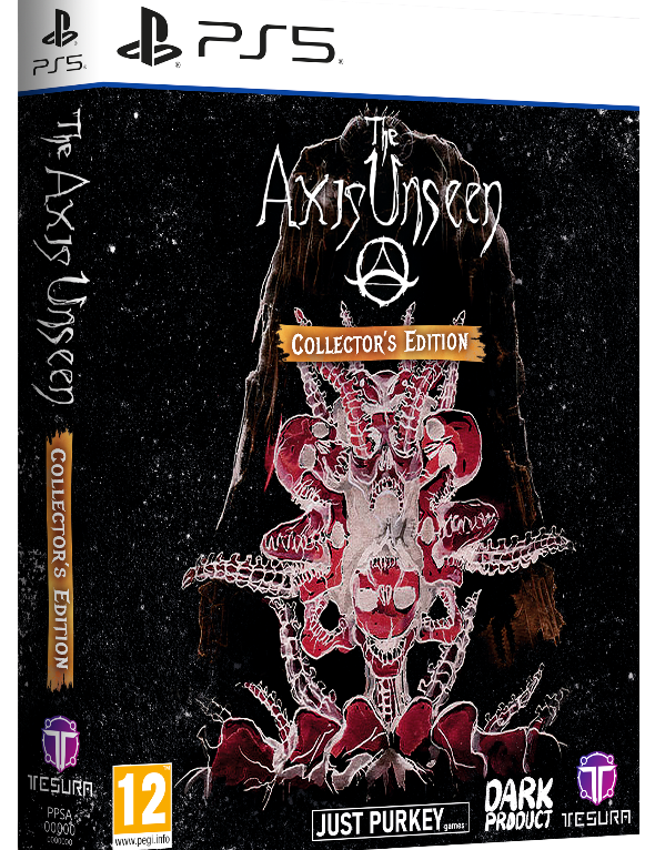 Game box for 'The Axis Unseen' Collector's Edition on PS5 with dark and intricate design.
