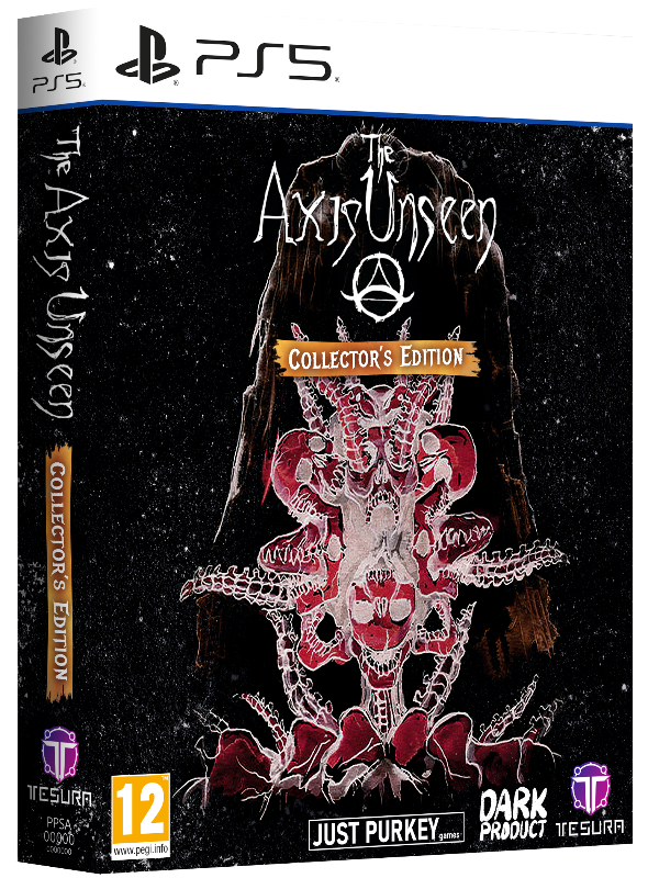 Game box for 'The Axis Unseen' Collector's Edition on PS5 with dark and intricate design.