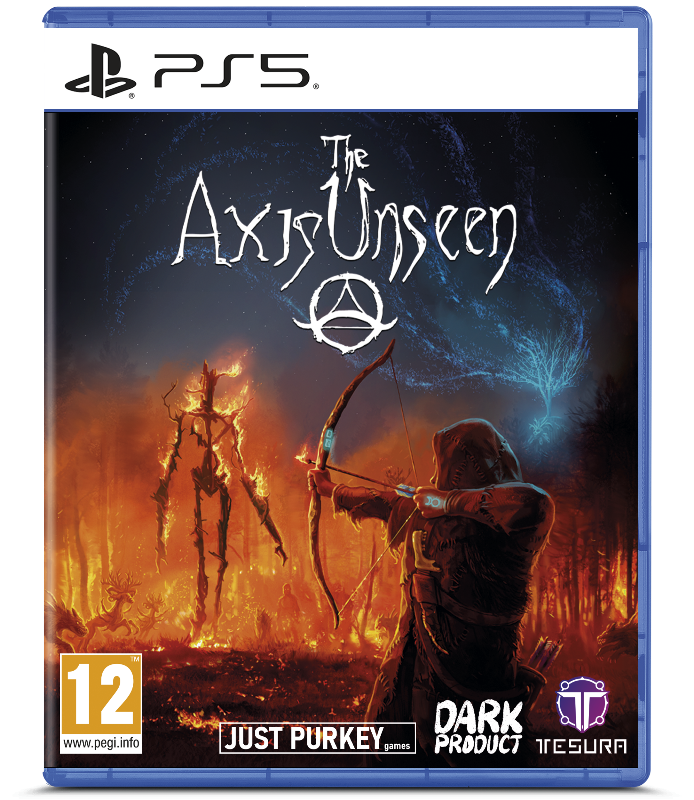 PlayStation 5 game disc for 'The Axis Unseen' with a hooded figure and skeleton in a dark fantasy setting.