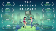 Promotional graphic for 'The Gardens Between' with character illustration and accolades on a blue background