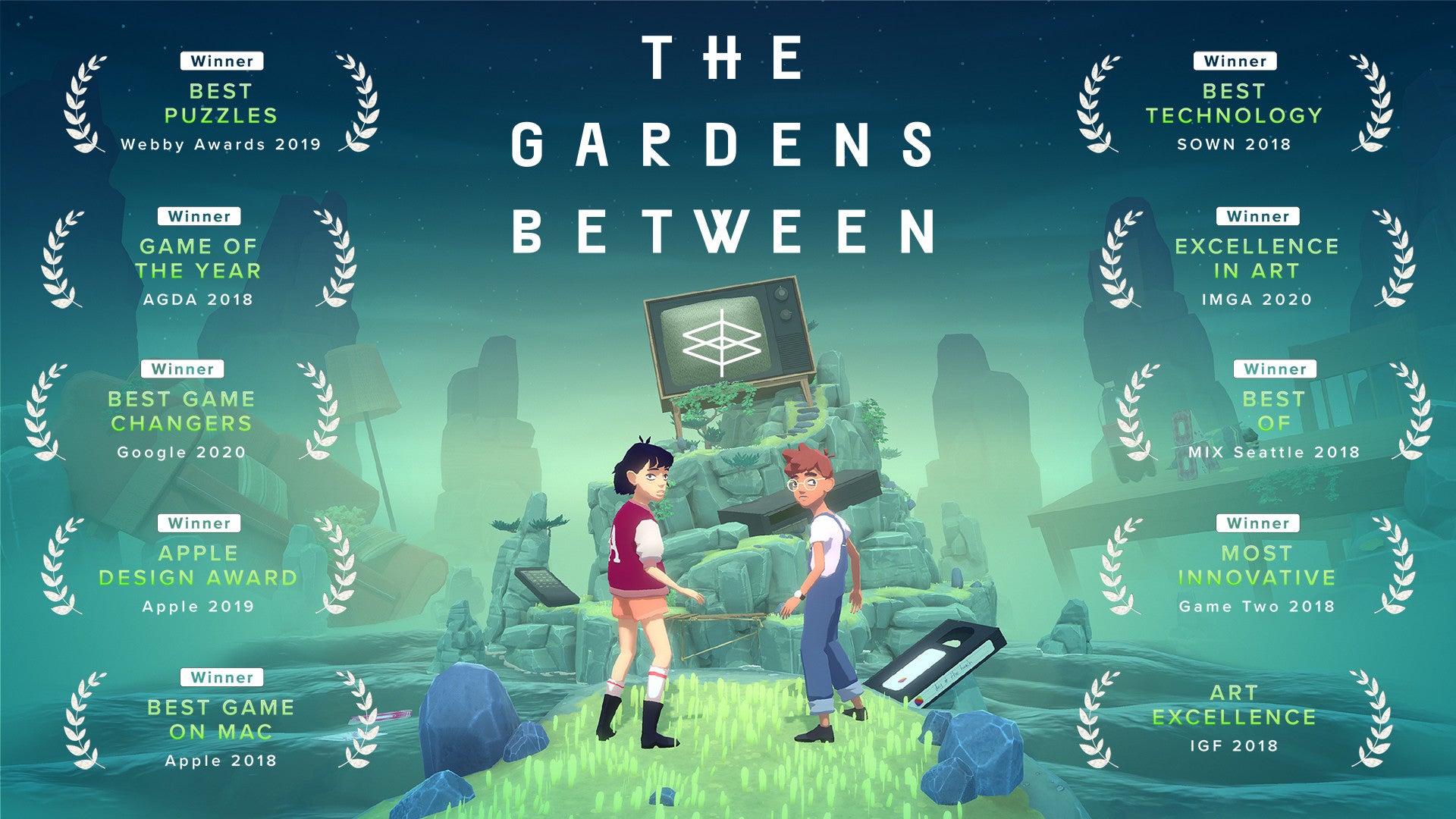Promotional graphic for 'The Gardens Between' with character illustration and accolades on a blue background