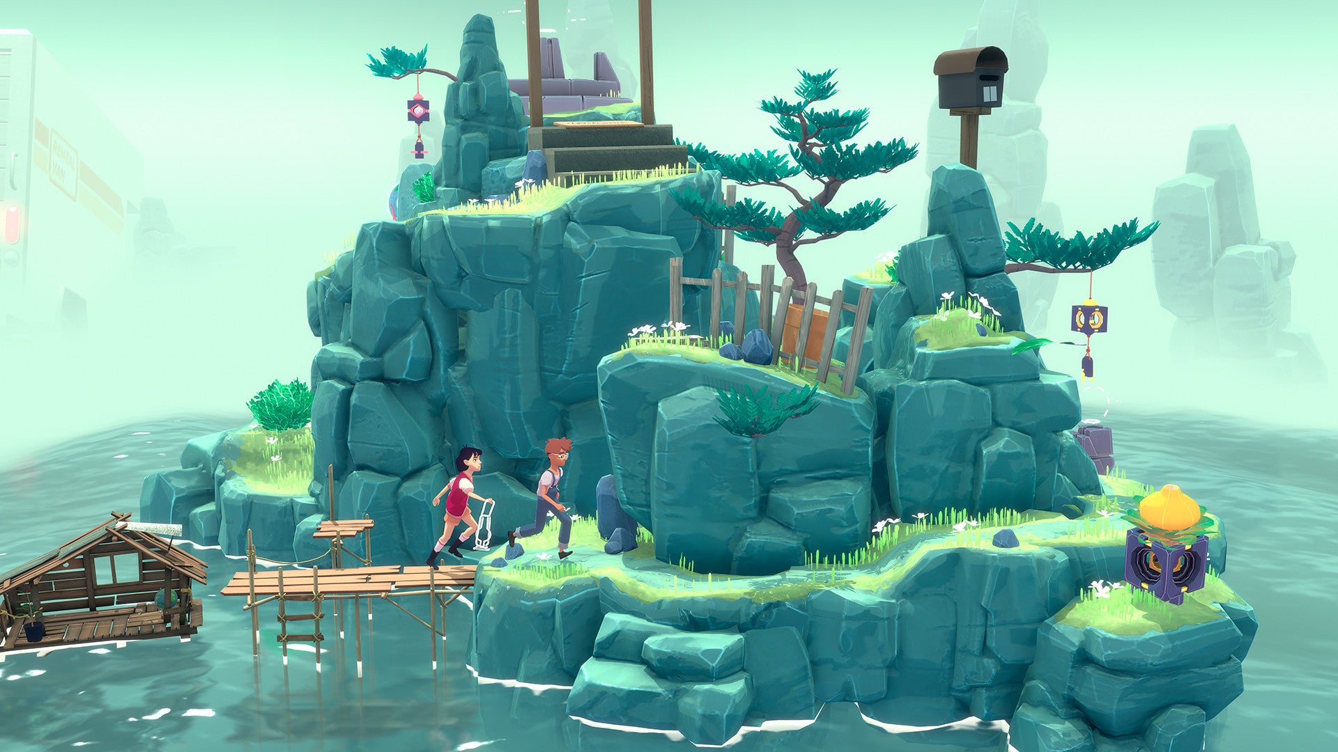 Animated scene with characters on a rocky island in a video game setting