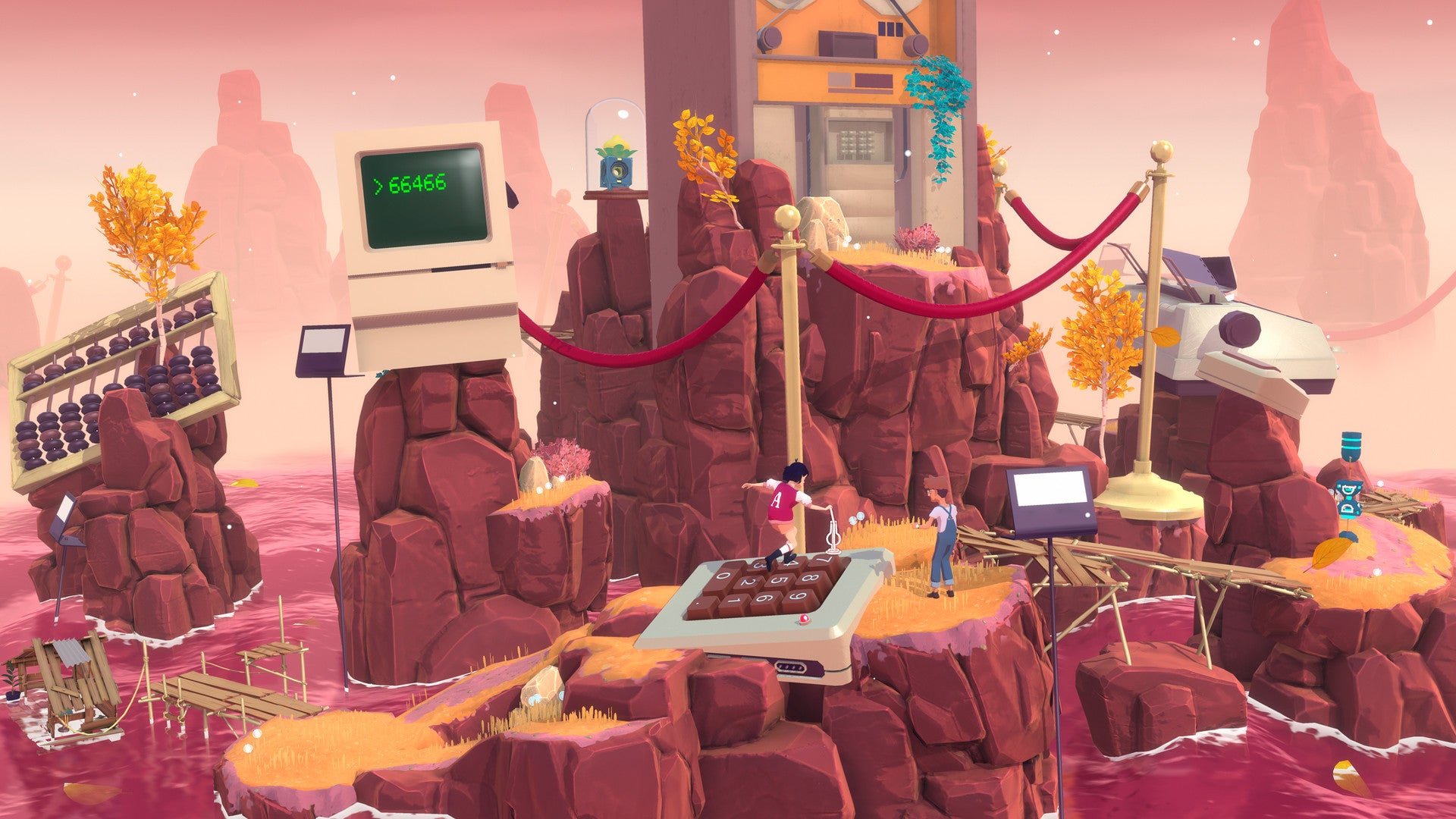 Surreal scene with a computer monitor, red carpet, and people in a pink-themed setting